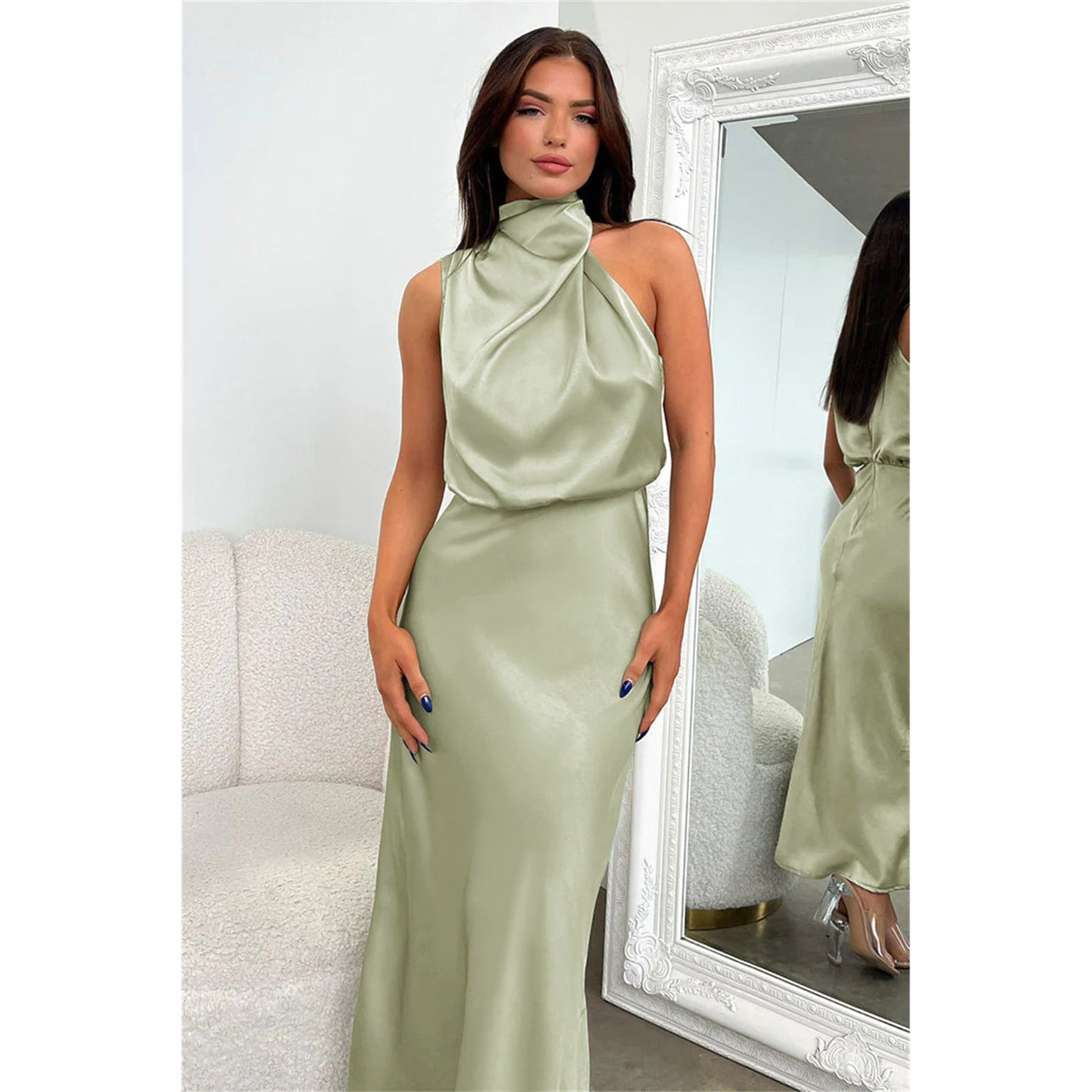 Abigail | Satin Long Dress with American Neckline